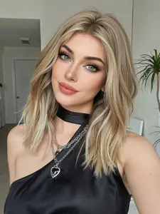 Golden Blonde Loose Wave Wig with Streaks, Middle Part Blonde Bob 12 Inch, Curly Hair, Medium Length, All Seasons