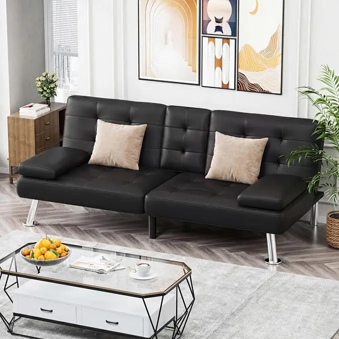 Homall Sofá Cama Futón, Sofá Futón de Cuero con Reposabrazos Removibles, Sofá Cama Reclinable para Dormir Ajustable con Portavasos Dobles para Sala de Estar,