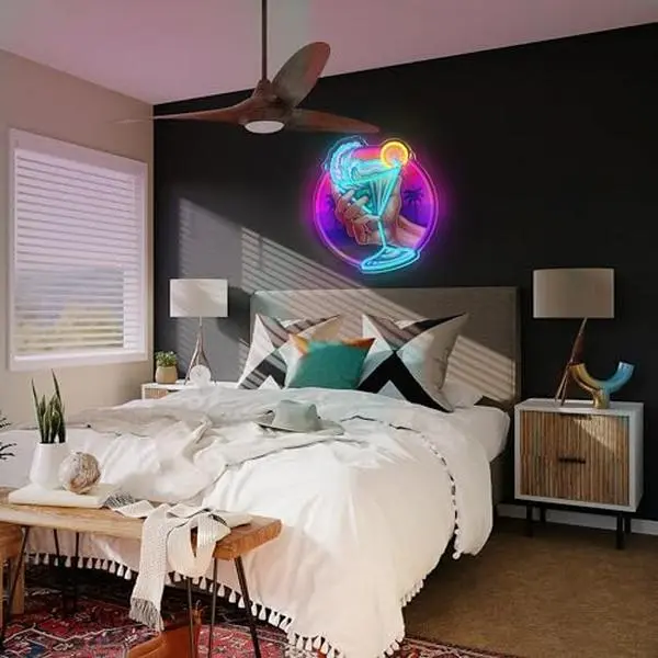 LED Neon "Cocktail in Hand" Sign - USB-Powered Dimmable 12.44x13.78in Handmade Low Voltage Adjustable Silicon Wall Decor, Indoor Desk Decoration with Cell Phone Charger (Home Improvement Novelty Lighting)