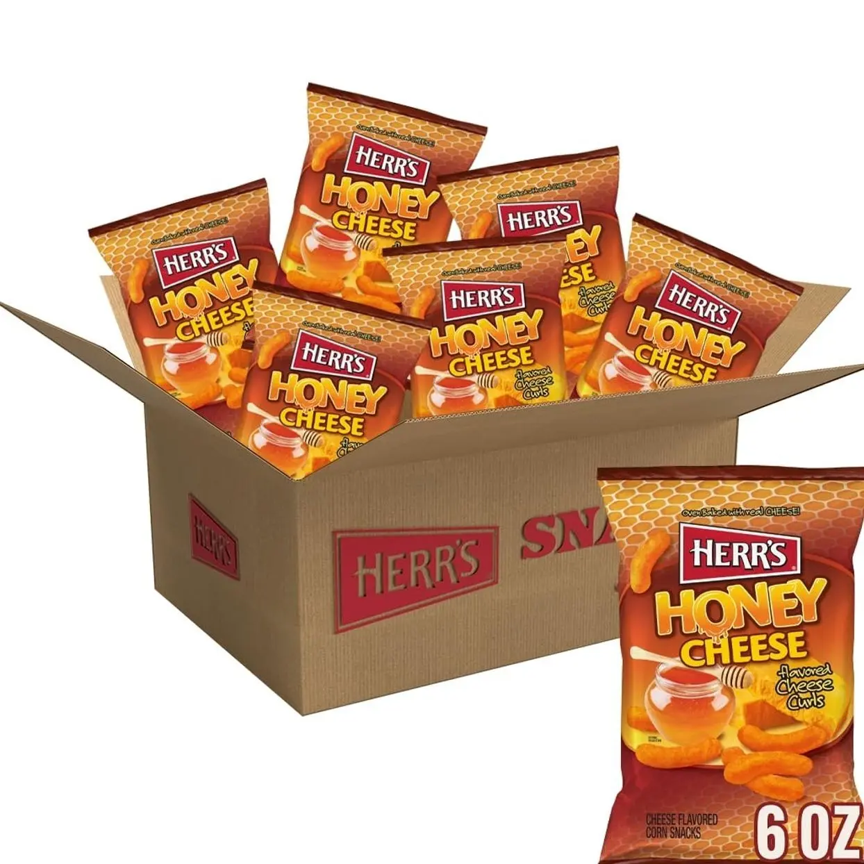 Herr’s Cheese Curls, Honey Cheese Flavored, Gluten Free Snacks, 6oz Bag (6 Count)