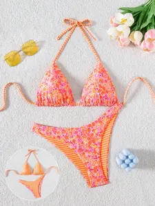 Reversible Floral Stripe Halter Bikini | Y2K & Vibrant Aesthetic | Adjustable Tie-Side Bottom | Perfect for Summer Beach & Vacation Printed Bikini