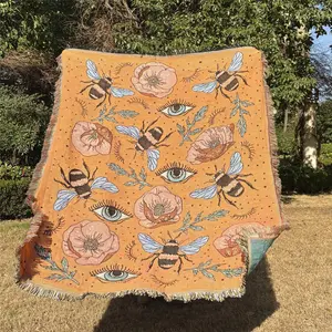 Bee Pattern Tassel Throw Blanket, Boho Style Woven Blanket, Floral Blanket, Soft Blanket for Bed, Sofa, Office, Camping, Travel, Home Decor