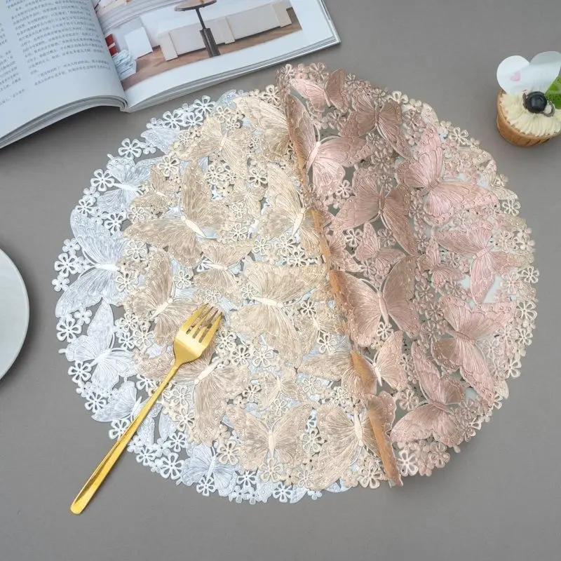 4pc Gold Butterfly Placemats, European Luxury Washable Dining Table Mats, Round Hollow Design, Heat Resistant Decorative Mat Set