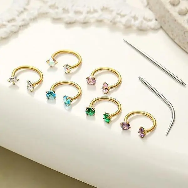 6Pcs Steel Nose Piercing Set, Double-Gem Horseshoe Half Hoop,  Finish Everyday Wear for Cartilage Helix Tragus Ear & Side Labret Lip Piercings for Women Men (With Tool )