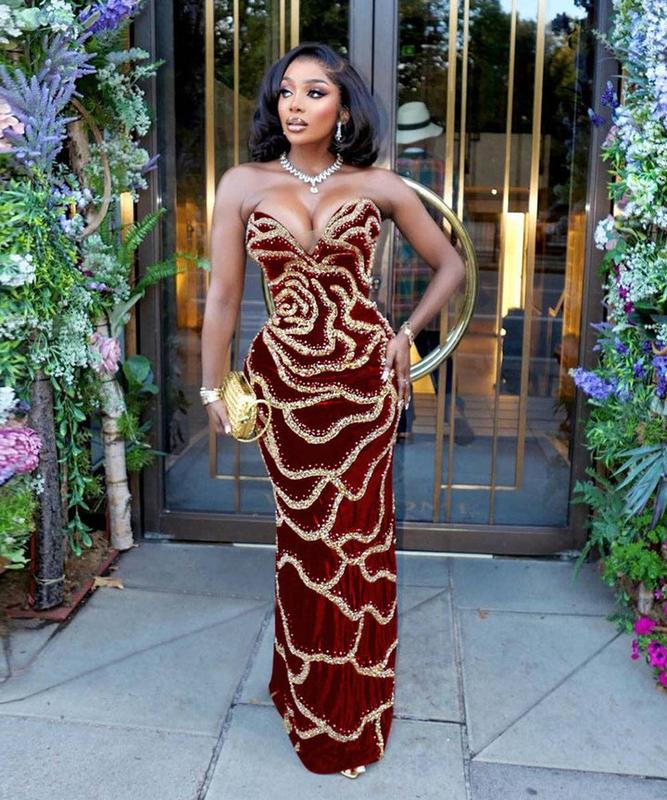 Royal Beaded Strapless Maxi Gown – Black, Emerald & Burgundy