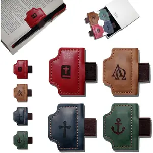 4 count Personalized  Leather Bookmark Pen Holder Book Lovers Christian Gifts Bygone Mark for Reading, Red- + Brown-A? + Blue- + Green-Anchor