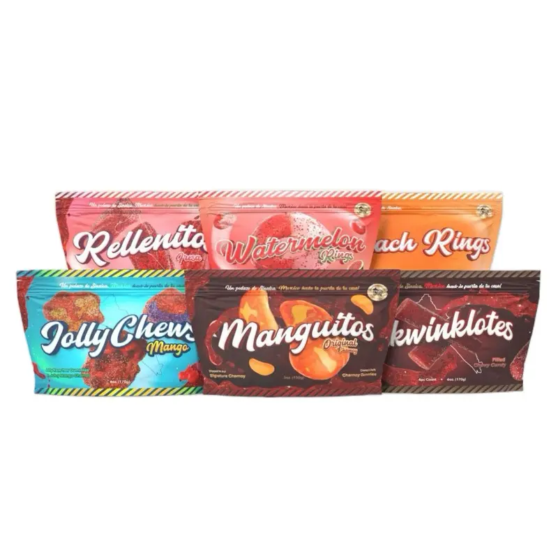 Compa Munchies Sampler Pack - Bestsellers (Eskwinklotes in chamoy, Manguitos in Chamoy, Strawberry flavored rellenitos in chamoy, Peach flavored rings, Watermelon flavored, Jolly chews in mango)