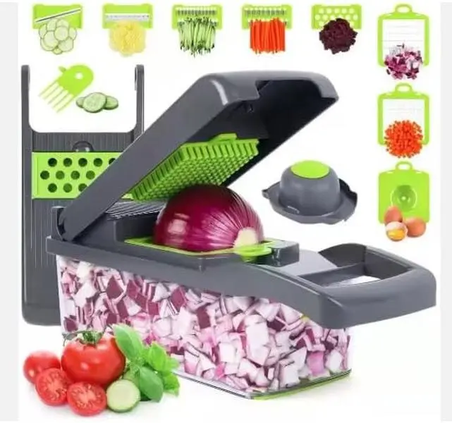 Vegetable Chopper, 12-in-1 Multifunctional Food Chopper, Professional Onion Chopper, Vegetable Chopper with Container for Salad, Potatoes, Carrots and Garlic; Essential Kitchen Tool (Gray)