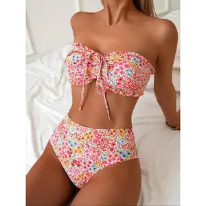New Floral Ruffle Tie Front Bikini Set, Women's Summer Beach Holiday Swimwear, Sexy Girl Pool Party Swimsuit, Trendy Vacation, Bandeau Swimsuit Set