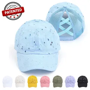 C.C Criss-Cross Ponytail Cap with Embroidered Floral Cotton Eyelet for Women aaa  white  hat