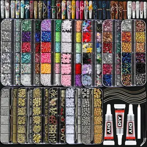 1Set 3D Bedazzling Semi-circular Flatback Rhinestone Pearls Nail Kit,13Boxes Multi-style Alloy Cross Heart Resin Bow Flowers Mixed for DIY Nails Art Supplies