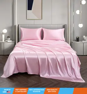 Satin Sheets Queen Size Silky Soft Satin Bed Sheets Pink Satin Sheet Set, 1 Deep Pocket Fitted Sheet + 1 Flat Sheet + 2 Pillowcases