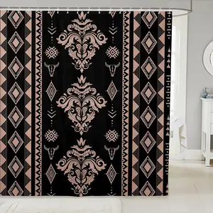 Western Damask Bath Curtain for Bathroom, Boho Aztec Shower Curtain, Exotic Native Fabric Shower Curtains, Bathroom Accessories, Black
