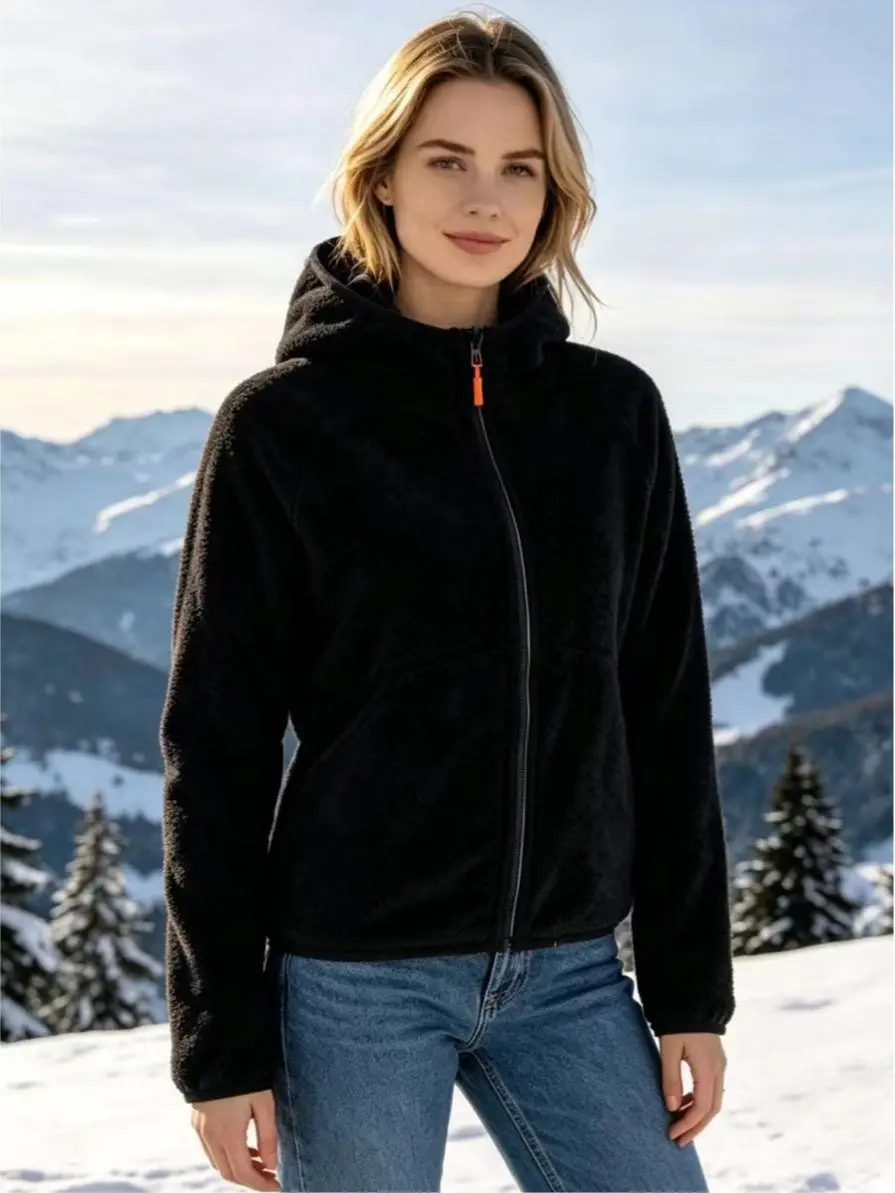 A women’s essential piece: a fleece hooded jacket that is soft and warm, features a full zipper and pockets; lightweight casual outerwear for outdoor use, suitable for autumn and winter, available in 5 colors.