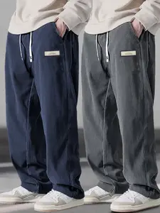 Men's Fall Winter Corduroy Pants, Loose-Fit Street Style, Drawstring Waist, Comfortable Design, Casual Straight Leg Long Pants, Streetwear
