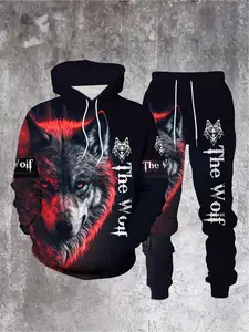 Trendy street men's clothing 2026 new autumn and winter fashion animal wolf print Long Sleeve hoodie set letter print casual sweatpants paired with hoodie 2-piece set