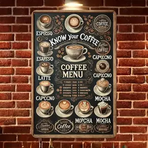 2D Flat, 1pc Retro "Know Your Coffee" Metal Sign, Coffee and Latte Menu Guide with Latte Art Chart, Wall Art Decor, Vintage Decor for Coffee Shops, Homes, Offices, Perfect Gift for Baristas and Coffee Enthusiasts, Coffee Bar Decoration, 8x12inch