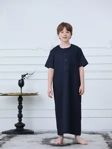 Boys' Loose-Fitting Short Sleeve Thobe Robe, Pure Color Long Gown for Middle Eastern Muslim Boys, Dubai Turkish Style Modesty Clothing