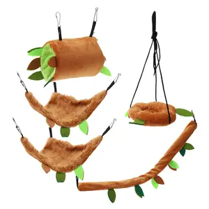 VOCOSTE Hamster Hammock, Sugar Glider Cage Accessories Toys, Rat Hammock, Small Animals Hanging Bed, Hideout Tunnel Swing Rodent Hammock, Brown, 5 Pcs