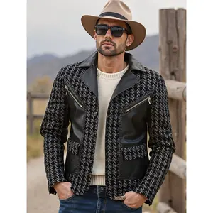 Bmuvlss Men's PU Leather Motorcycle Jacket - Slim-Fit Lightweight Windbreaker Coat with Lapel Collar, Houndstooth Patchwork & Golden-Tone Buttons - Business Casual to Biker Style (Notch Pocket, Zip-Free) - PU Leather Outer,, Mens Clothes, Shirts For Men,
