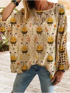 Women's Cartoon Floral Bee Animal Print Long Sleeve Knit Top, Casual Elegant Vacation Style Sweater, Loose Batwing Shoulders, Spring Summer Fall