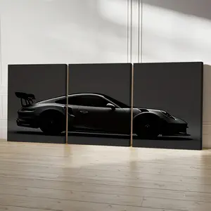 Frameless[3pcs Black Sports Car Art] 3pcs High-Quality Frameless Canvas Wall Art - Room Decor, Black Sports Car in Dark Monochromatic Tripty, Sleek Design