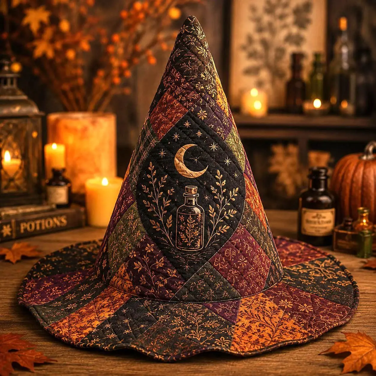 Quilted Witch Hat with Vintage Potion Bottle, Moon & Patchwork Print – Witchy Apothecary Halloween Table Decor, Spooky Fall Gift
