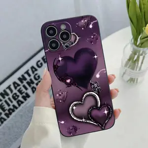 Phone case for iPhone 16 Pro Max 15 Plus 14 13 12 11 XR XS Purple Heart Pattern Shockproof Silicone TPU Bumper Drop Protection Cover