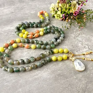 Renewal Mala Necklace with Moss Agate Lemon Jade Mala Beads