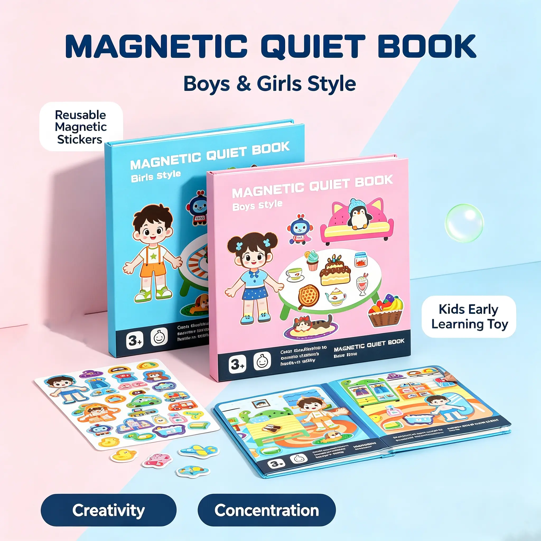 Magnetic Quiet Book for Toddlers Boys Girls Ages 3+ | 3-Fold Reusable Magnetic Sticker Early Learning Toy | Non-Toxic Child-Safe Durable Material | Boost Fine Motor Skills Creativity Concentration | Travel Quiet Time Birthday Gift
