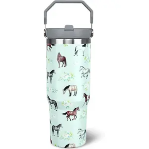 30 oz Horse Tumbler with Handle and Flip Straw, Vacuum Insulated Water Bottle Stainless Steel, Leak Proof Travel Coffee Mug Gifts for Horse Lover, Cute Floral Cup for Home Office Car Outdoors Sports