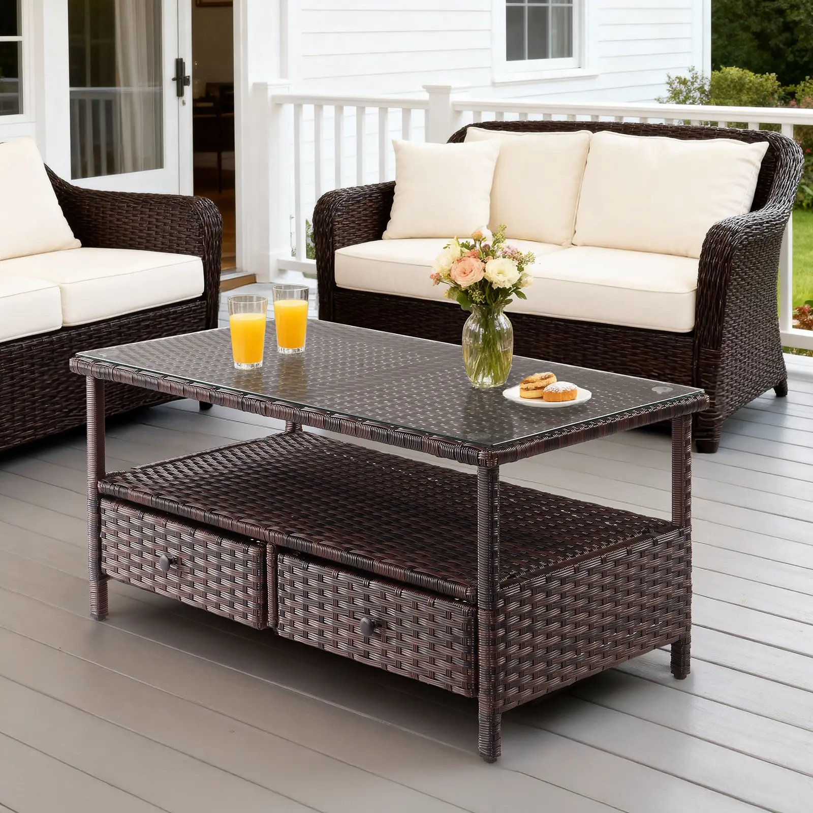 Karlhome Outdoor Wicker Coffee Table - Patio Table with Tempered Glass Top, Storage Shelf, Drawers for Patio, Balcony