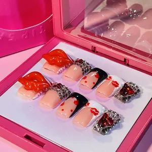 DiDazzle 10 PCS Handmade Duckbill Press - on Nails | CherryLipGlam with Acrylic 3D Lips, Cherries & Zebra Patterns