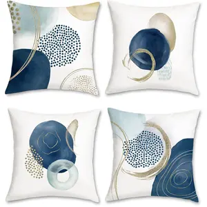 Abstract Boho Pillow Covers Set of 4, Medieval Modern Blue Gold Geometric Patterns, Sofa Bed Bedroom Decor, Enhance Living Spaces, Single Side Print, No Insert
