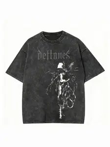 Dark Rock Style Distressed Vintage Casual Short Sleeve T-Shirt, Heavy Washed Craftsmanship, Deftones Band Art Print, Loose Oversized Fit, Streetwear Icon, Menswear