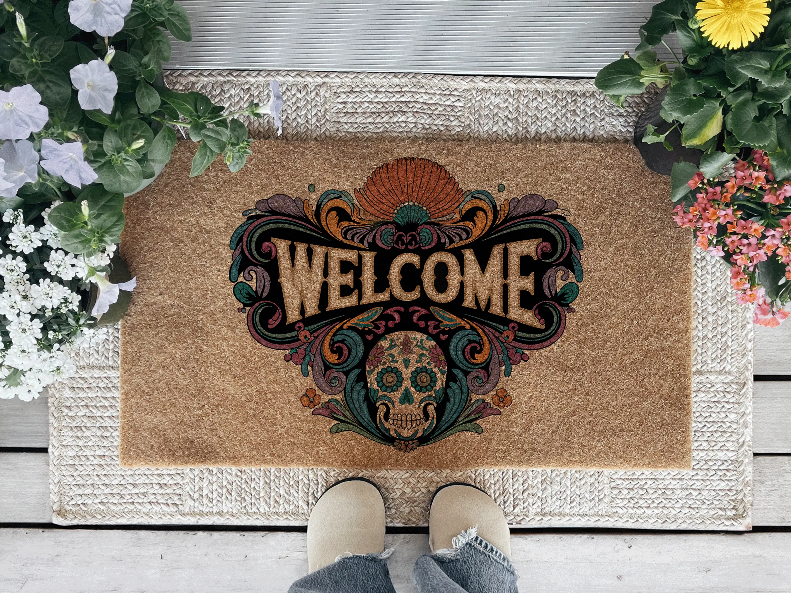 Sugar Skull Welcome Doormat, Halloween Decor, Welcome Doormat, Home Gift, Front Door Mat, Housewarming Gift, Colorful Doormat, Patio Decor