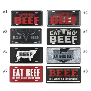Eat More Beef License Plate 6x12 Aluminum, Western Cattle Rancher Car Tag, Support Local Farmers Beef Lover Truck Decor, Longhorn Bull Graphic Sign