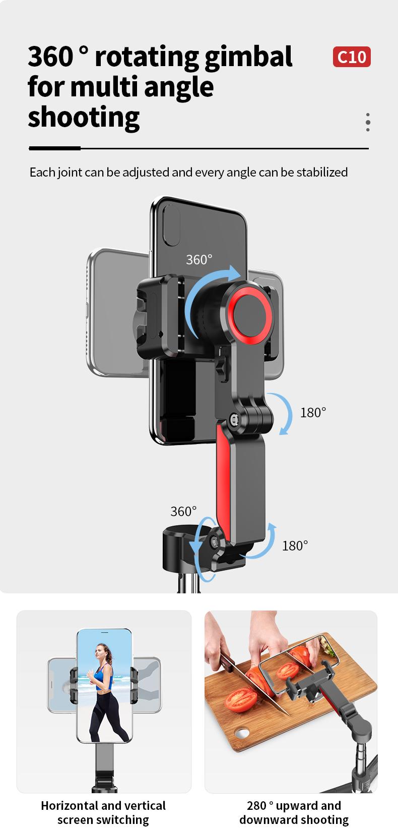 AI Auto Tracking Gimbal Stabilizer, Smart Selfie Stick Tripod with Gesture Control, Anti-Shake Phone Mount, 1000mAh Battery, Aluminum Alloy Vlogging Stand for iPhone & Android