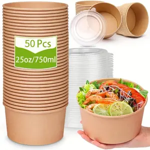 25Oz/750Ml 50Pcs with Lids Paper Bowls, Food Containers, Disposable Soup Bowls in Bulk Lunch Boxes, Salad/dessert Prep Bowls, Party Supplies Suitable for Hot/cold Foods, Soups, Food Packaging