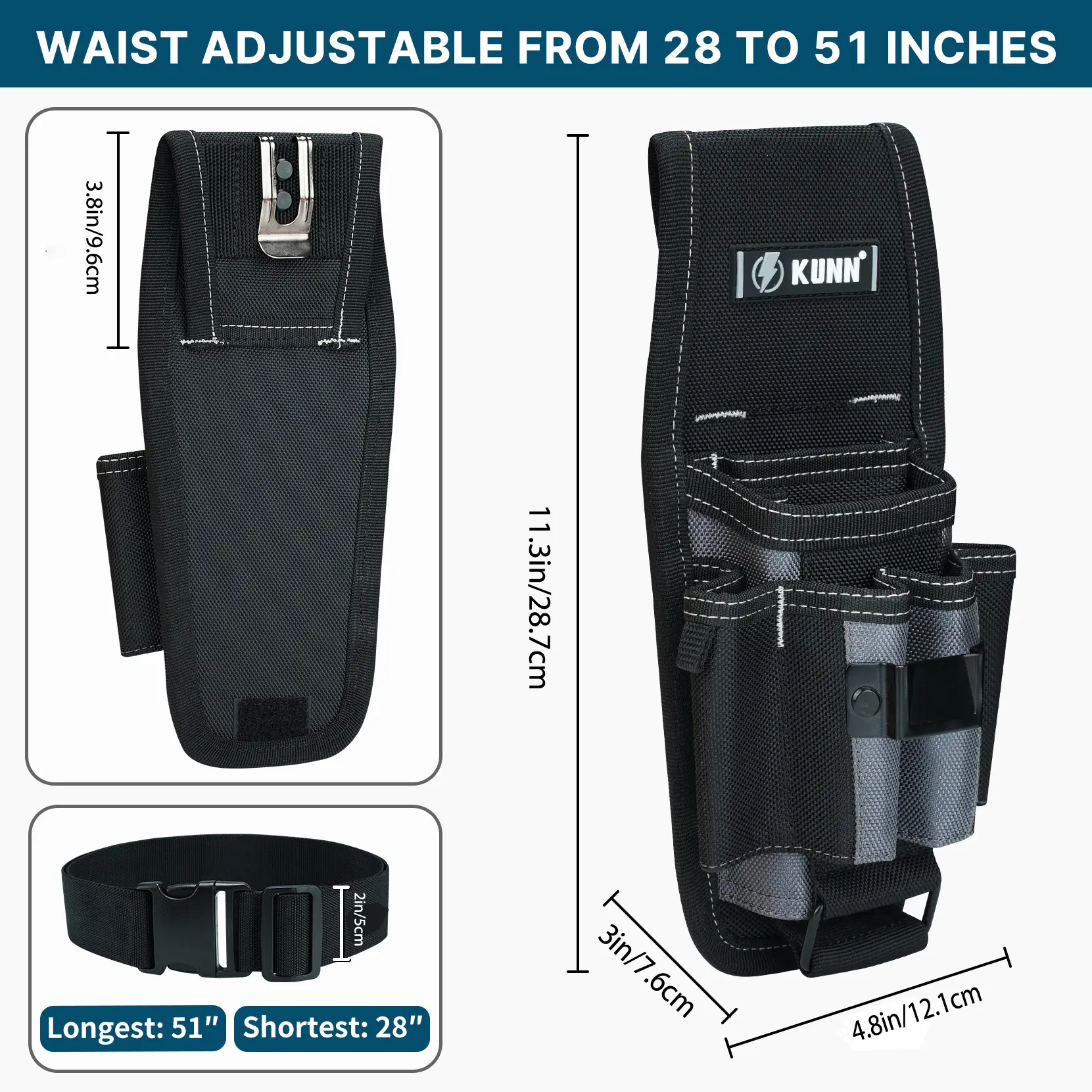 Leather Electrician Tool Pouch – 7 Pockets + Tape Chain – Metal Belt Clip – Quick Attach/Release – Heavy Duty For Pros
