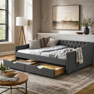 Queen Size Upholstered Tufted Daybed Sofa Bed with Drawers, Button-Back Design, Waved-Shape Copper-Nail Arms (84.5"x63.5"x26.5") | Apartment Stuff, Studio Apartment Setup, Studio Furniture (OLD SKU: W1413S00034), Girl Apartment Furniture