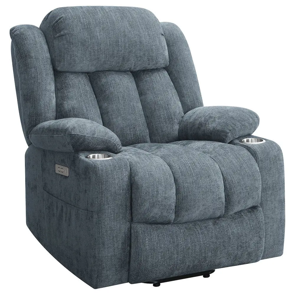 Slate Blue Smart Power Lift Recliner - Soft Fabric Contour Tufted Single Seat Houston Upholstered Chair, Pillowtop Armrests, Simple-Button Power Panel, USB Port, Cupholders, Luxury Living Room Furniture, Ideal for Living Room & Den, Smart Recliner Living