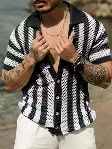 Men's Summer Striped Polo Neck Knit Cardigan, Trendy Breathable Mesh Sweater, Soft Fabric, Casual Daily Wear, Vacation Knitwear