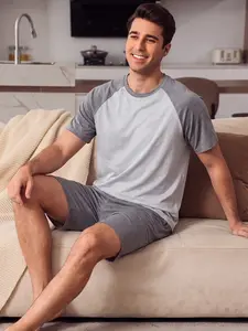 Men's Fashion Colorblock Pocket Pajama Set, Summer Lightweight Short Sleeve Casual Home Wear, Comfortable Sleepwear for Relaxation