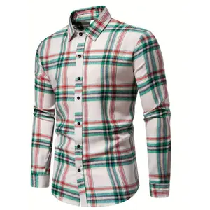 Men's Classic Plaid Long Sleeve Button-Up Shirt - Pink, Green & White Casual Business Style, Non-Stretch Fabric, Easy Care (Hand Wash or Dry Clean), Perfect for Spring & Fall