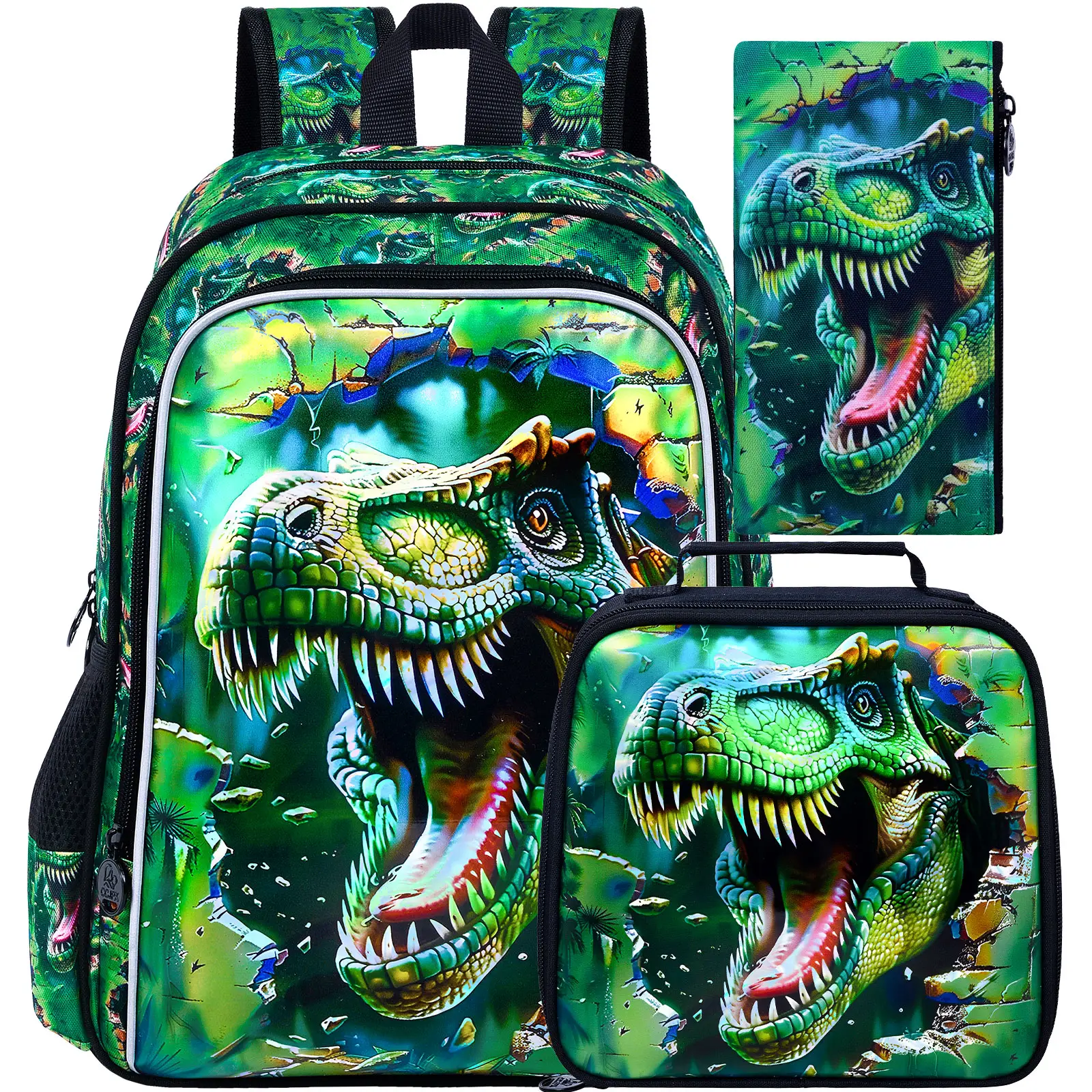 3Pcs Boys Backpack, 16" Dinosaur Bookbag for Elementary Preschool Kindergarten, Dino Kids School Backpacks with Lunch Box(Green)