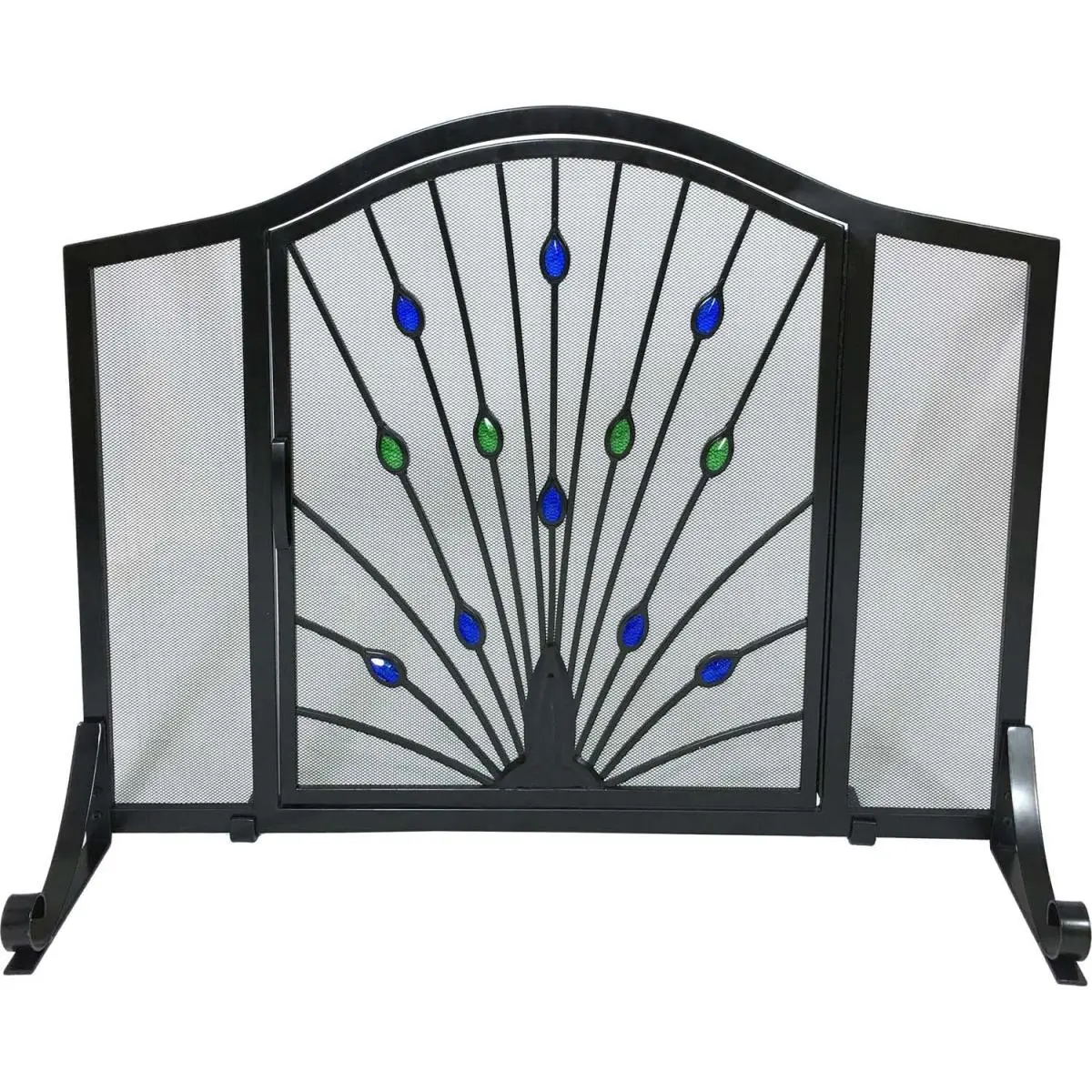 212 MAIN Wrought Iron Screen Door - Home Decor, 33 in & 44 in Length Steel Frame, Arched Shape, Peacock Design, Easy Fireplace Access, Requires Assembly, Black/Green/Blue Finish