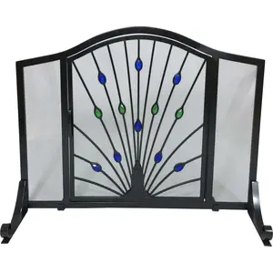 212 MAIN Wrought Iron Screen Door - Arched Shape, Peacock Motif, 33 in Steel Frame Arch Panel, Black/Green/Blue Design, Fireplace Access, Requires Assembly