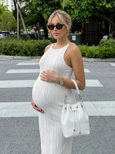 ELLIOTTWII Summer Outfit Maternity Work Clothes Maternity Work Outfits   Maternity Work Dresses White Jacquard High-Elasticity Slim-Fit Maternity Dress With Pearl Shoulder Straps Maternity Solid Color Round Neck Fitted Elegant Sleeveless Dress