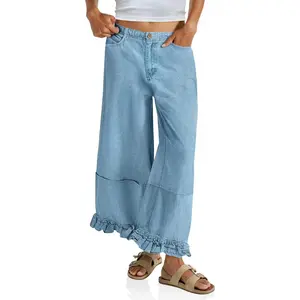 Imily Bela Womens Ruffle Wide Leg Jeans Cropped Elastic High Waisted Baggy Denim Pants with Pockets